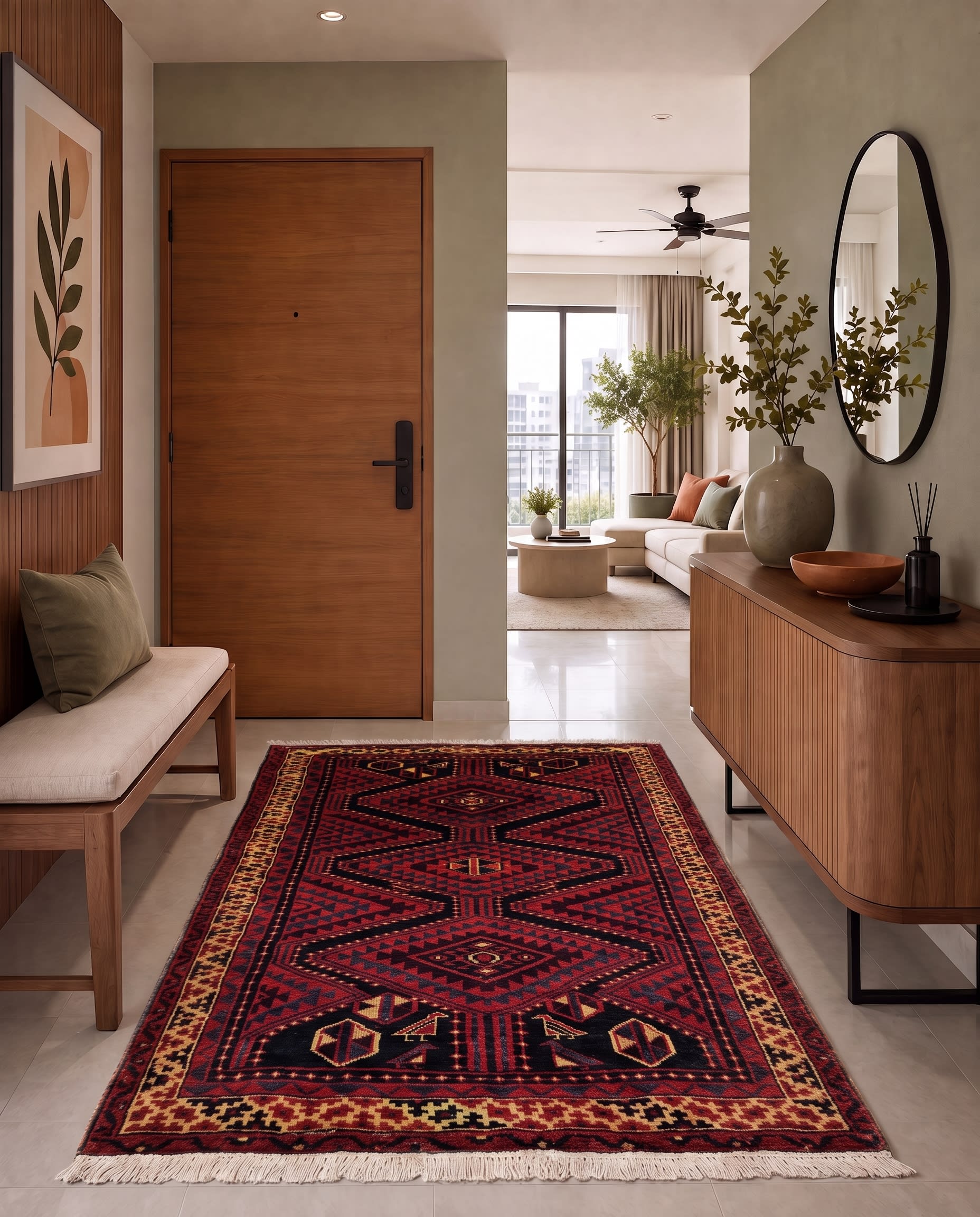 Baluch Geometric Medallion Crimson, Baluchistan, Afghanistan-Iran Border Region tribal rug, in crimson red, Wool, 162x253, Nasim Carpets Malaysia — view 2