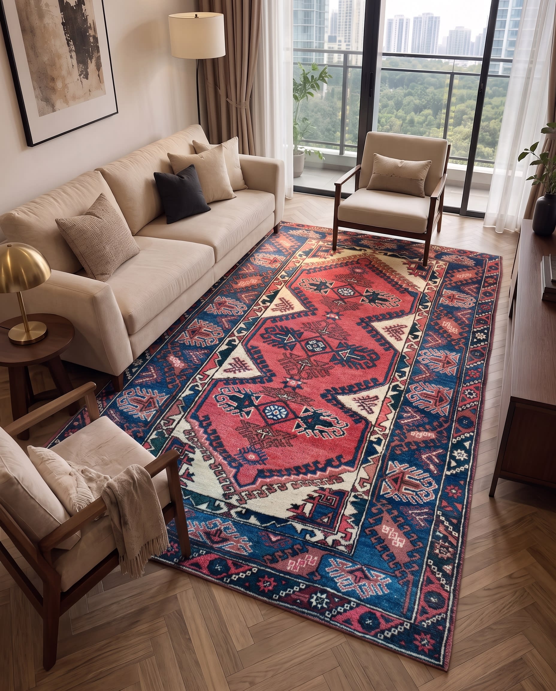 Kazak Medallion Crimson Blue, Kazak, South Caucasus (Azerbaijan/Armenia border region) tribal rug, in madder crimson, Wool, 4206x6401, Nasim Carpets Malaysia — view 2