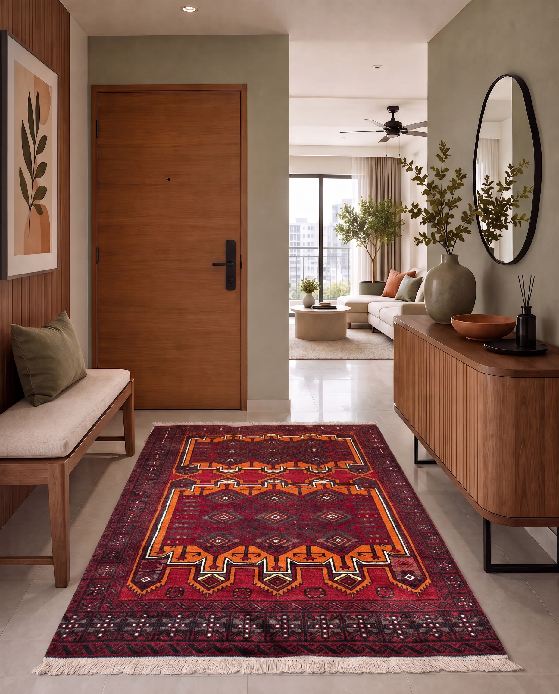 Baluch Geometric All-Over Crimson, Baluchistan, Afghanistan/Pakistan Border Region tribal rug, in madder crimson, Wool, 152x302, Nasim Carpets Malaysia — view 2
