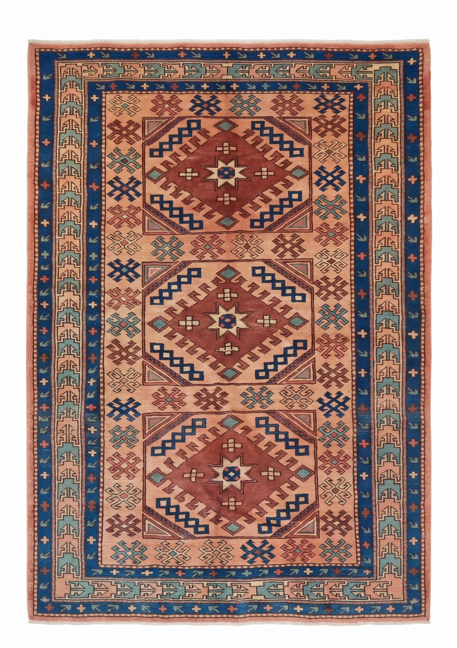 Kazak Medallion Salmon, Kazak, South Caucasus (Azerbaijan/Armenia border region) tribal rug, in salmon rose, Wool, 4420x6309, Nasim Carpets Malaysia — view 1