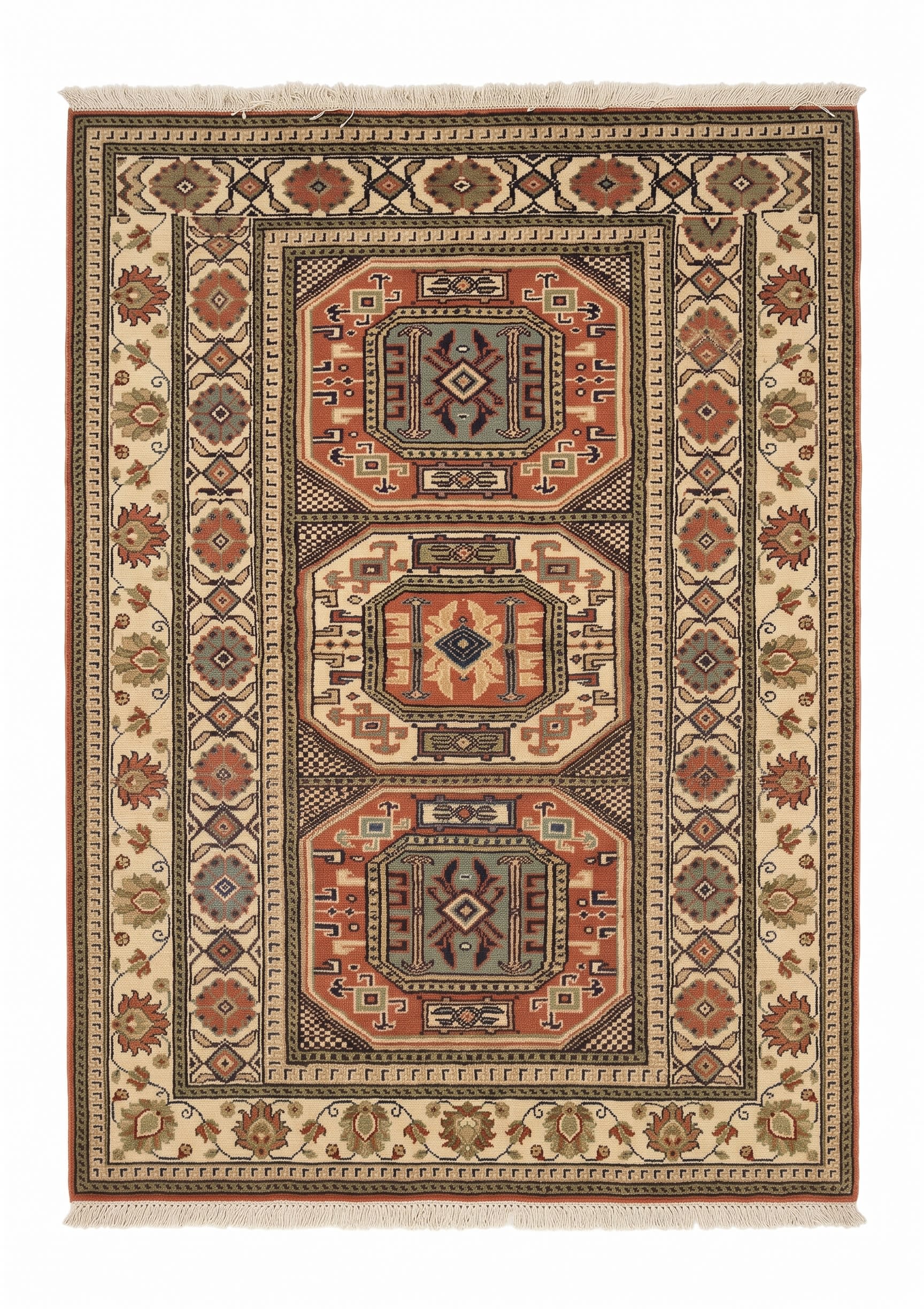 Kazak Triple Medallion Terracotta, Kazak, Caucasus (Southwest Azerbaijan / Armenia border region) tribal rug, in terracotta red, Wool, 2652x4694, Nasim Carpets Malaysia — view 1
