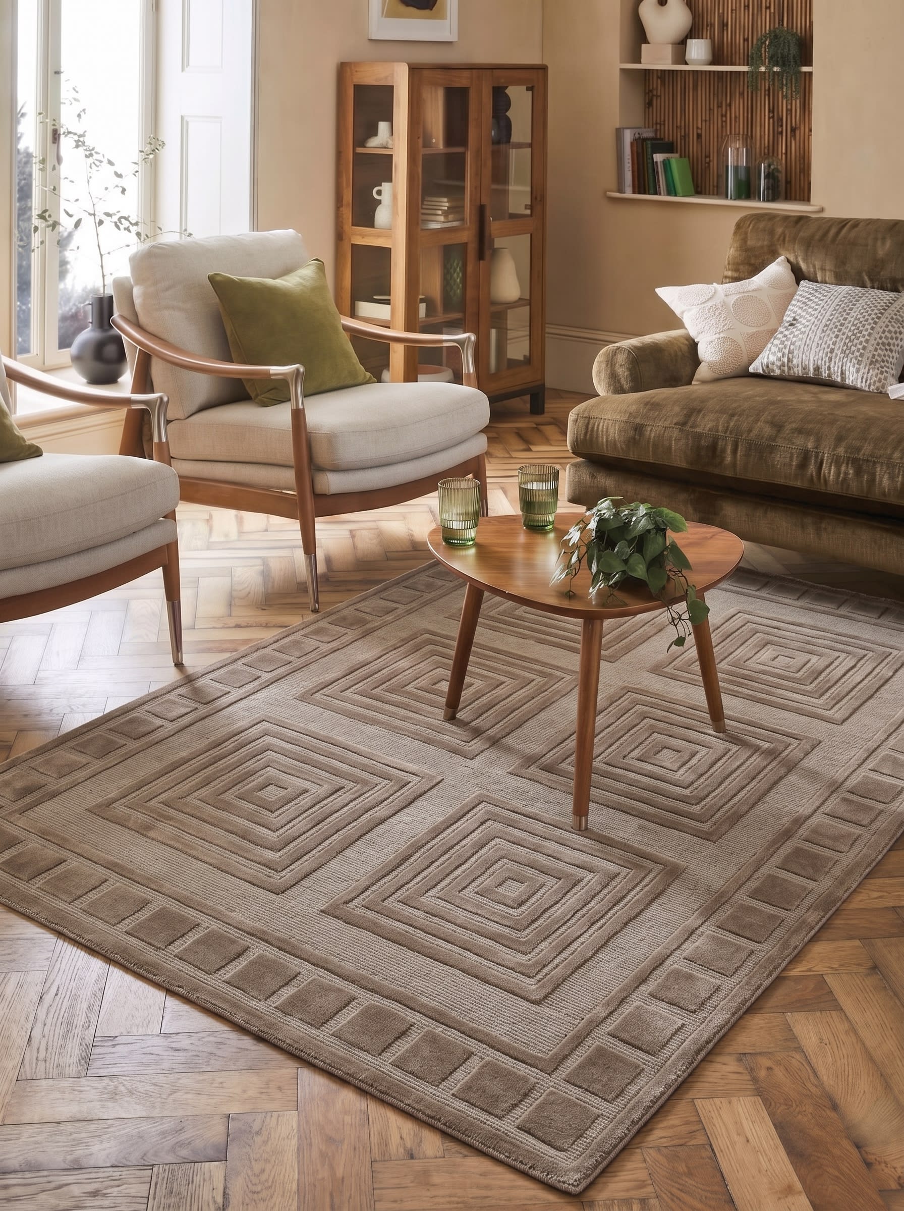 Indo-Nepal Geometric Squares Silver, Indo-Nepali, likely Kathmandu Valley, Nepal persian rug, in silver sage, Wool, 122x155 cm, Nasim Carpets Malaysia — view 2