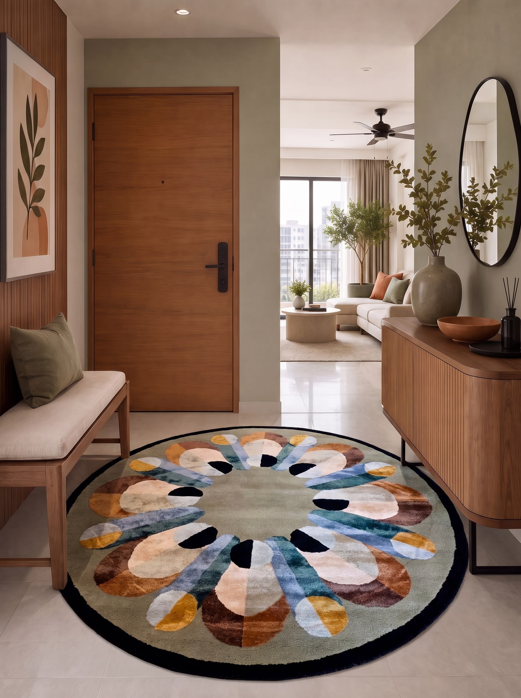 Contemporary Tufted Floral Medallion Sage, India (Contemporary Designer, likely Jaipur or Bhadohi) persian rug, in sage green, Silk and Wool, 152x244 cm, Nasim Carpets Malaysia — view 2