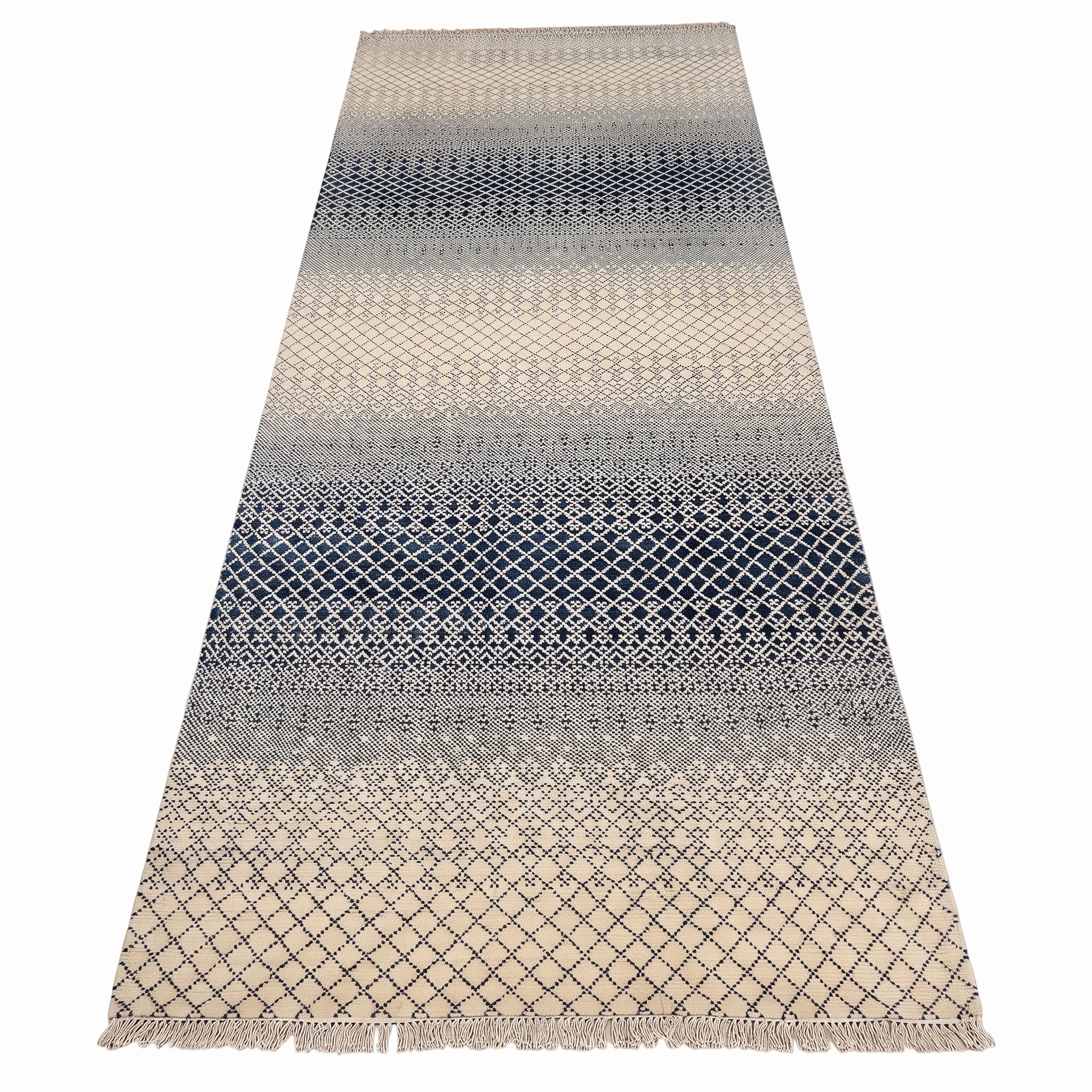 Indo-Modern Ombre Diamond Ivory Navy, Bhadohi, India modern rug, in ivory, Wool, 152x366 cm, Nasim Carpets Malaysia — view 1