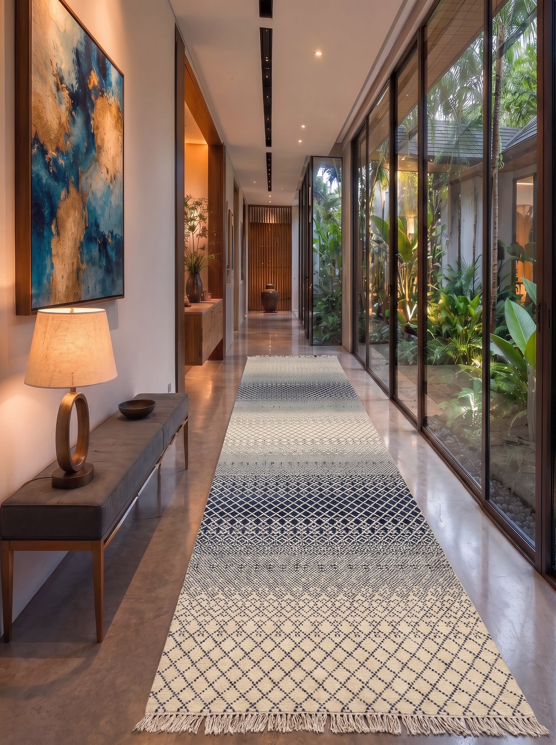 Indo-Modern Ombre Diamond Ivory Navy, Bhadohi, India modern rug, in ivory, Wool, 152x366 cm, Nasim Carpets Malaysia — view 2