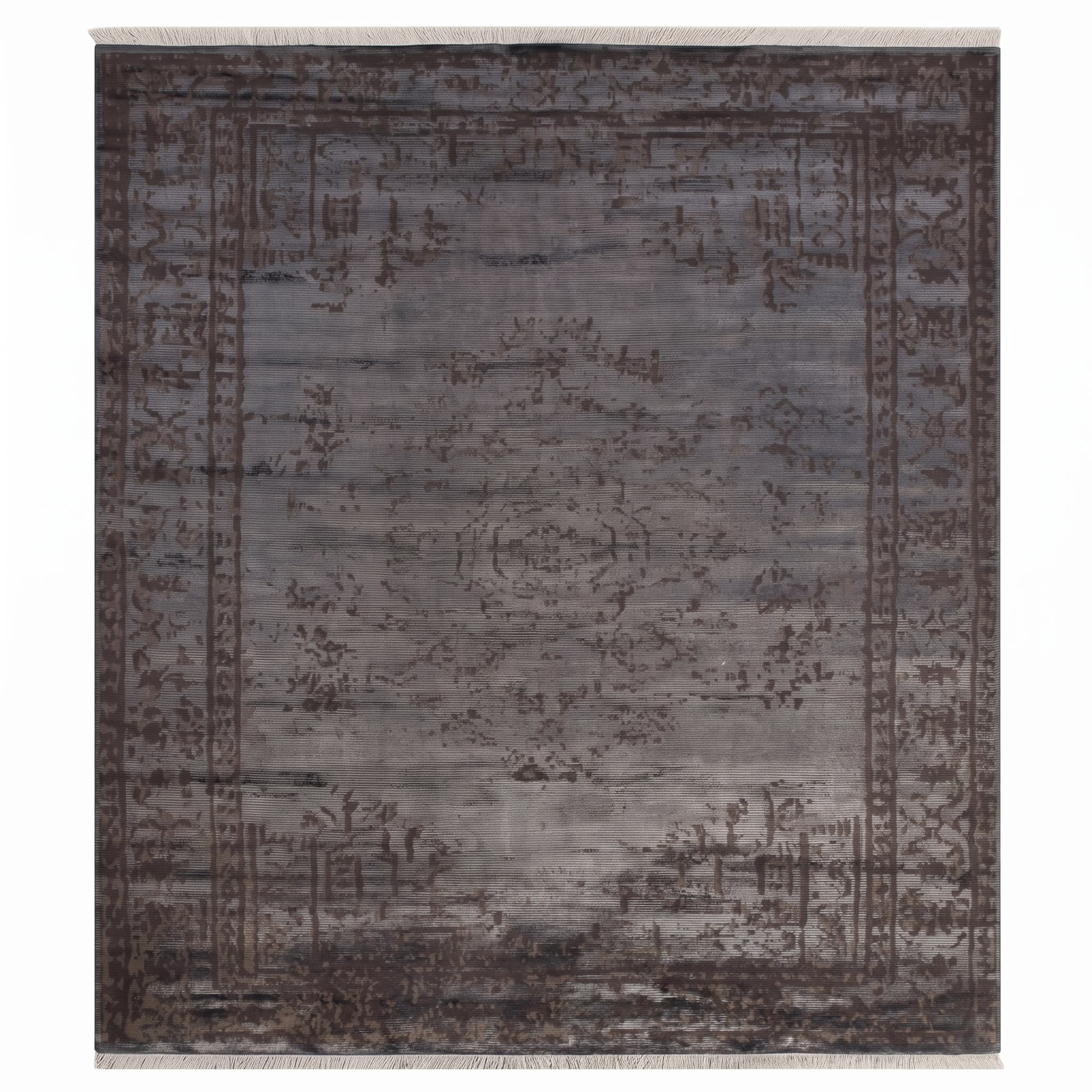 European Erased Medallion Slate Grey, European Modern Interpretation — distressed overdye style originating from Turkish and Persian classical traditions, produced in contemporary European or Turkish machine-weaving centres modern rug, in slate grey, Viscose, 85x152 cm, Nasim Carpets Malaysia — view 1