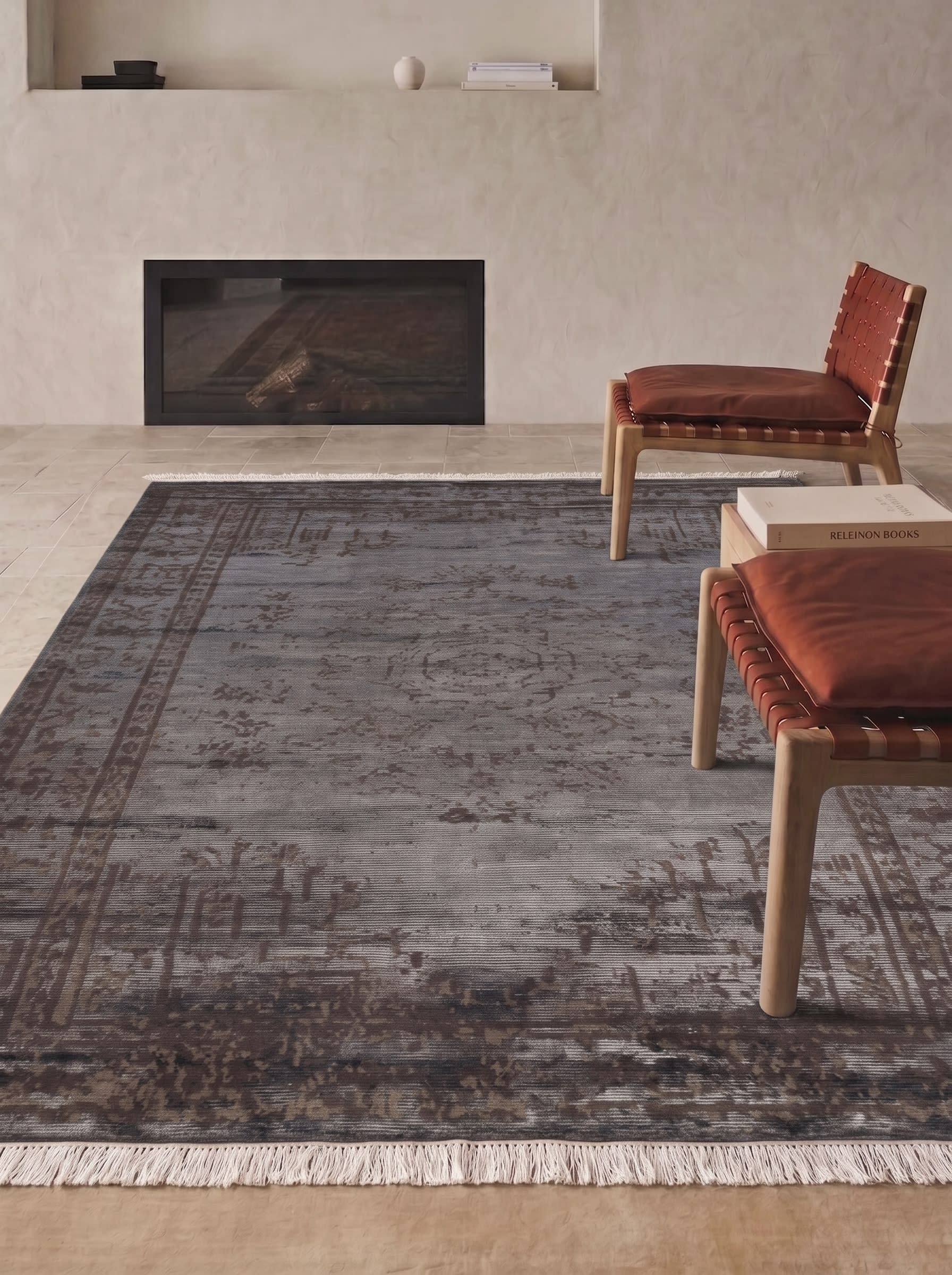 European Erased Medallion Slate Grey, European Modern Interpretation — distressed overdye style originating from Turkish and Persian classical traditions, produced in contemporary European or Turkish machine-weaving centres modern rug, in slate grey, Viscose, 85x152 cm, Nasim Carpets Malaysia — view 2