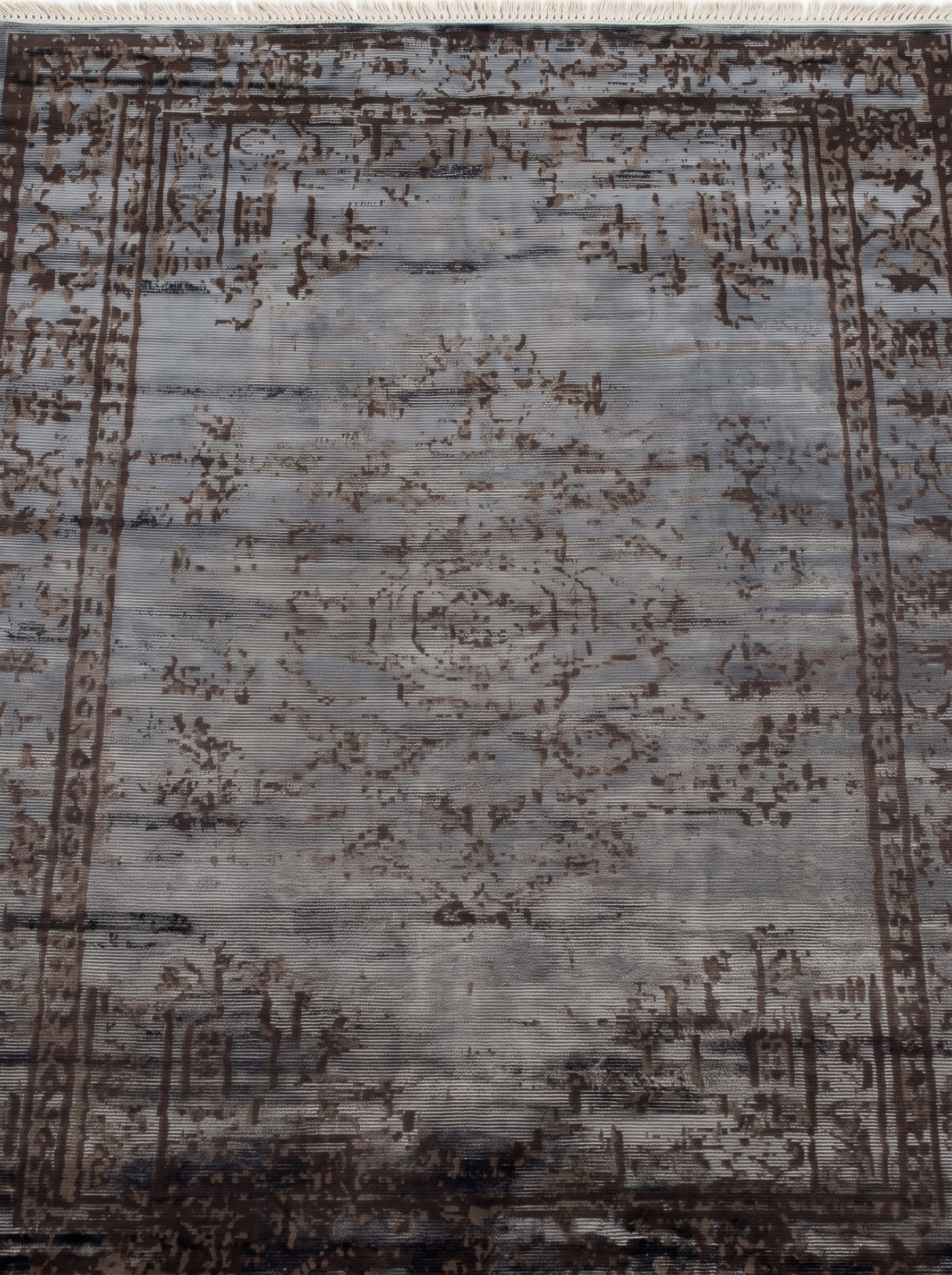 European Erased Medallion Slate Grey, European Modern Interpretation — distressed overdye style originating from Turkish and Persian classical traditions, produced in contemporary European or Turkish machine-weaving centres modern rug, in slate grey, Viscose, 85x152 cm, Nasim Carpets Malaysia — view 3