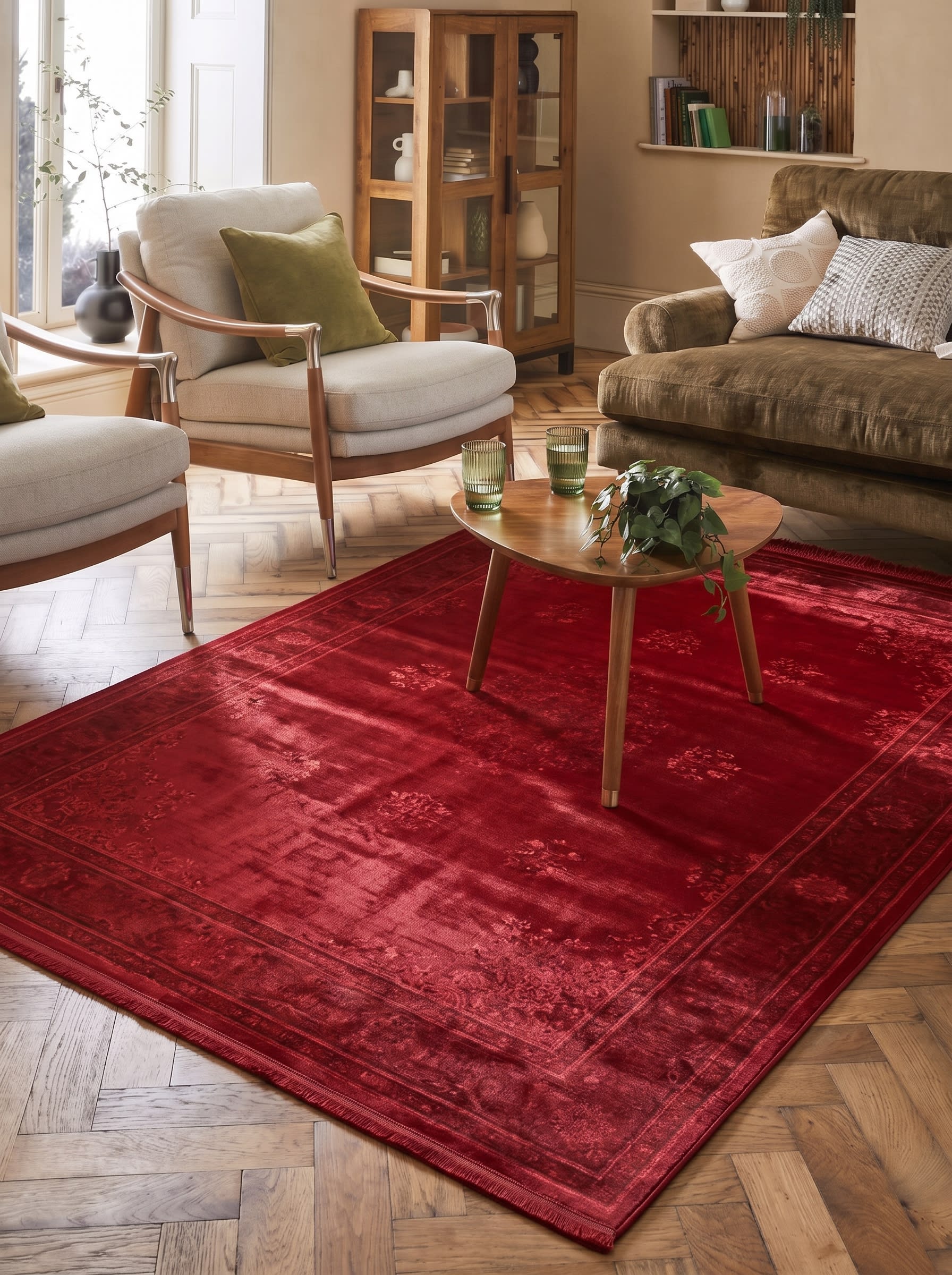 European Distressed Border Crimson, European Modern Design, likely Belgium or Turkey (machine-woven contemporary) modern rug, in crimson red, Viscose, 85x125 cm, Nasim Carpets Malaysia — view 2