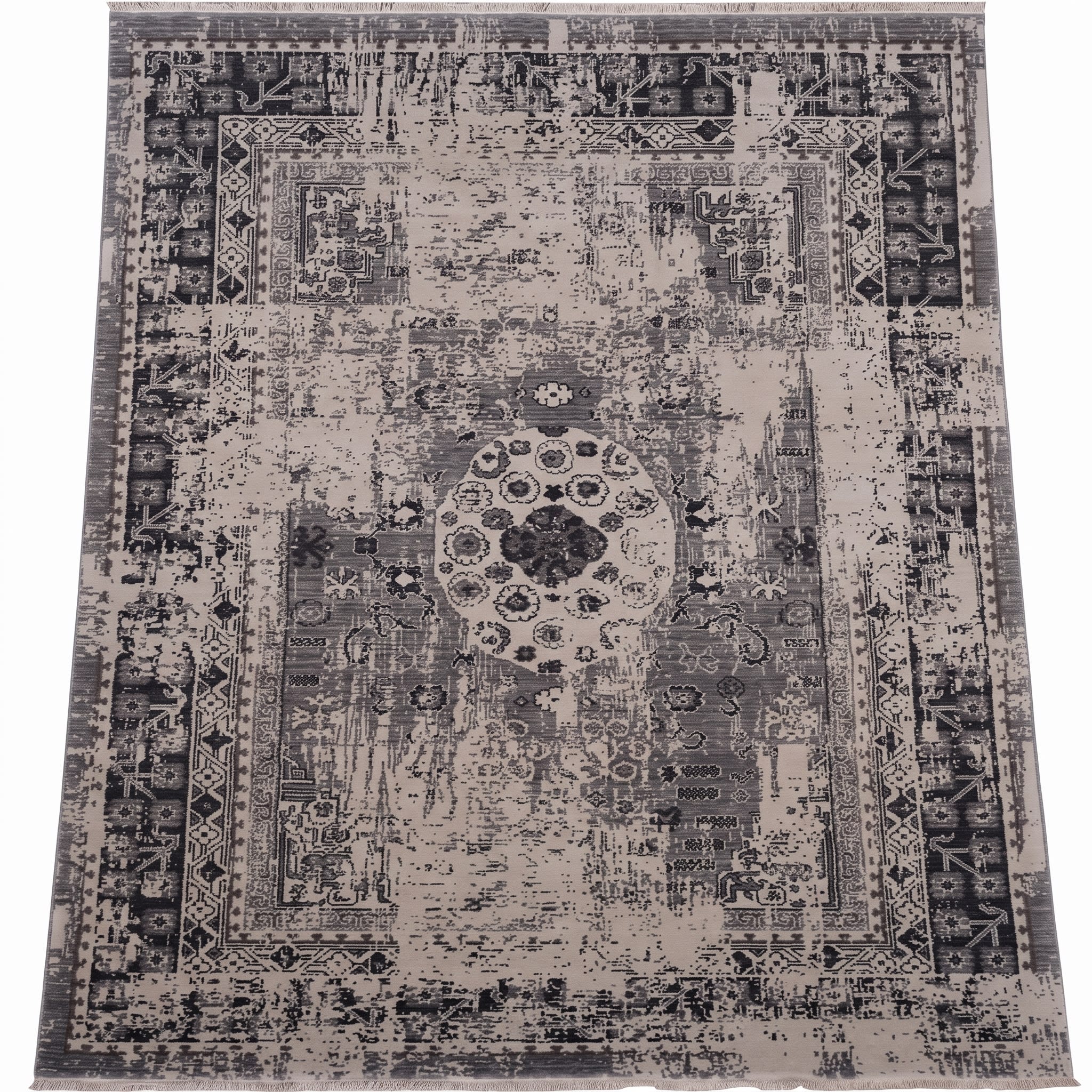 Persian Medallion Distressed Grey, Isfahan or Kashan, Iran modern rug, in slate grey, Wool, 204x296 cm, Nasim Carpets Malaysia — view 1