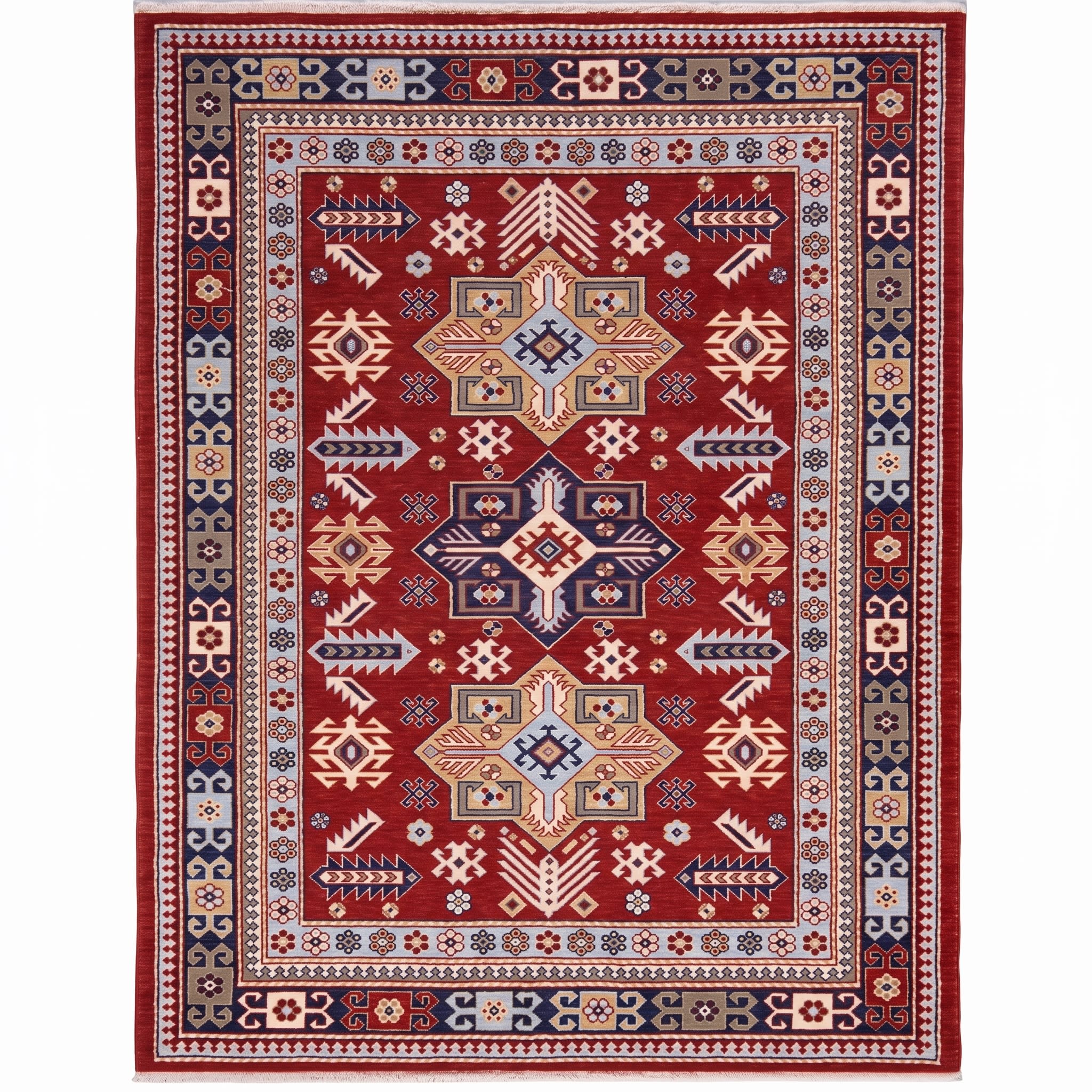 Kazak Medallion Trio Crimson, Kazak, Caucasus (Azerbaijan/Armenia border region) tribal rug, in crimson red, Wool, 137x195 cm, Nasim Carpets Malaysia — view 1