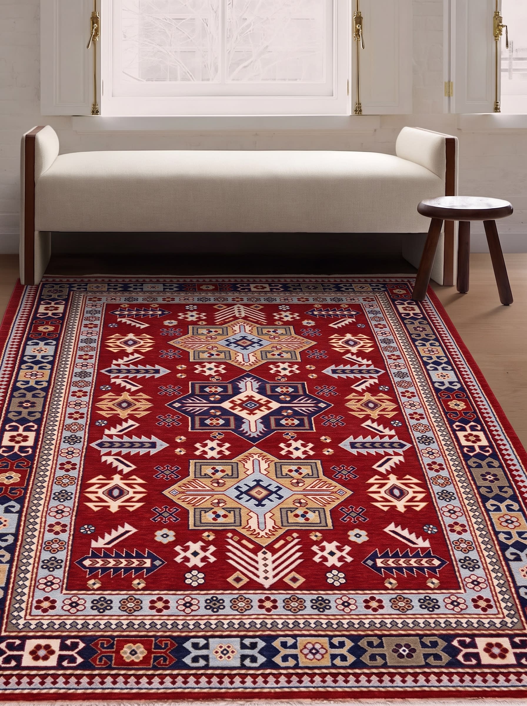 Kazak Medallion Trio Crimson, Kazak, Caucasus (Azerbaijan/Armenia border region) tribal rug, in crimson red, Wool, 137x195 cm, Nasim Carpets Malaysia — view 2