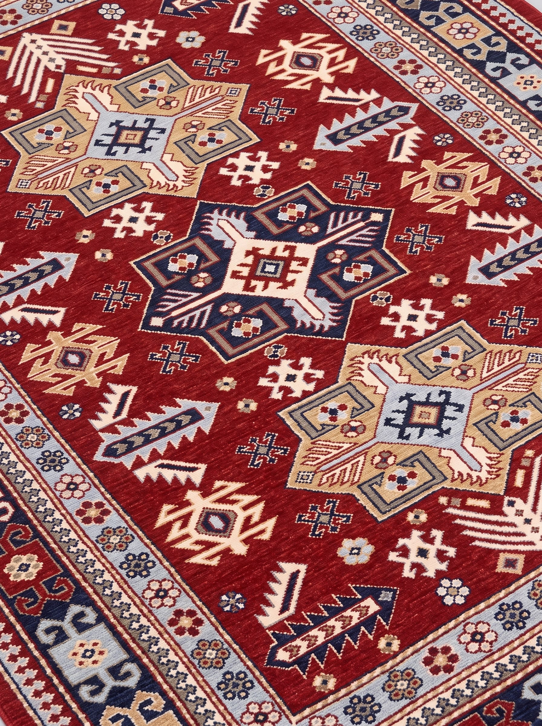 Kazak Medallion Trio Crimson, Kazak, Caucasus (Azerbaijan/Armenia border region) tribal rug, in crimson red, Wool, 137x195 cm, Nasim Carpets Malaysia — view 3