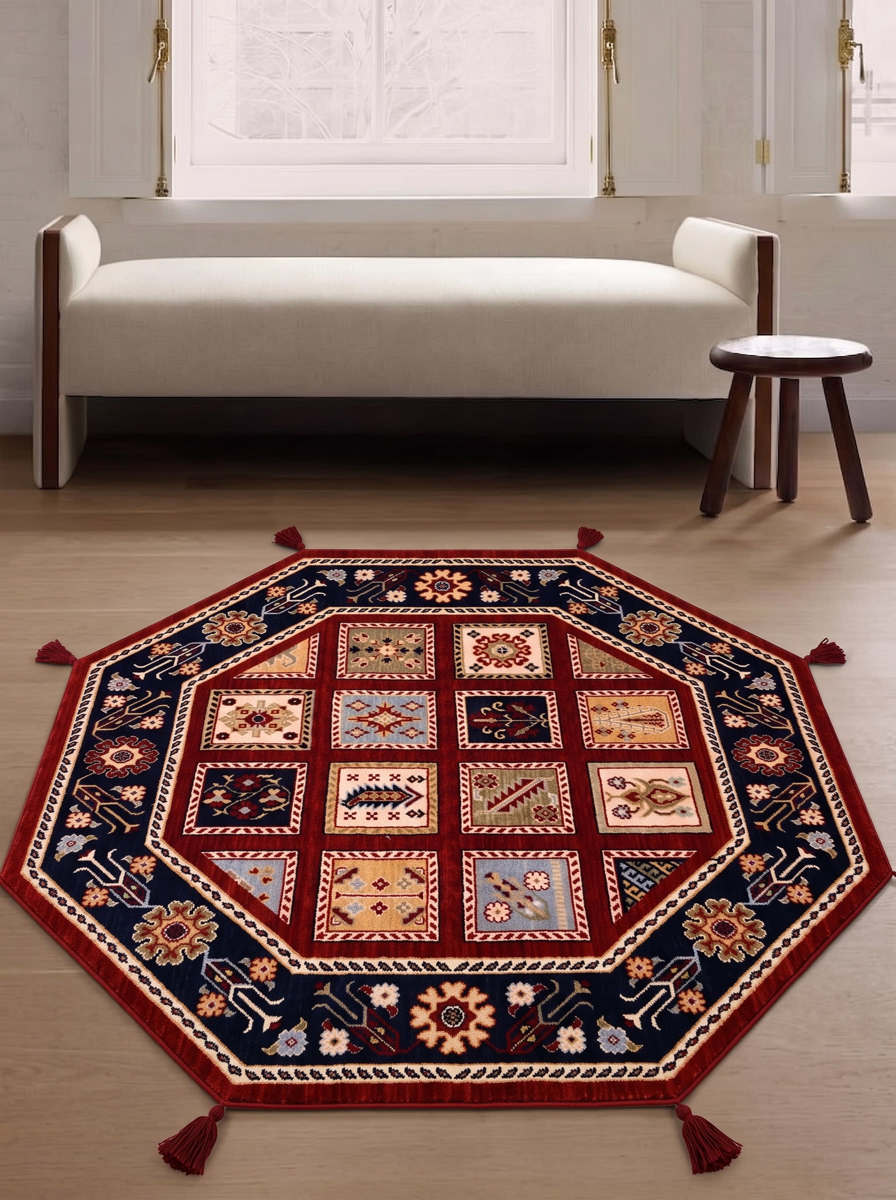 Karachof Kazak Compartmental Panel Red, Karachof, Kazak Region, South Caucasus (Azerbaijan/Armenia border) persian rug, in madder red, Wool, 152x152 cm, Nasim Carpets Malaysia — view 2