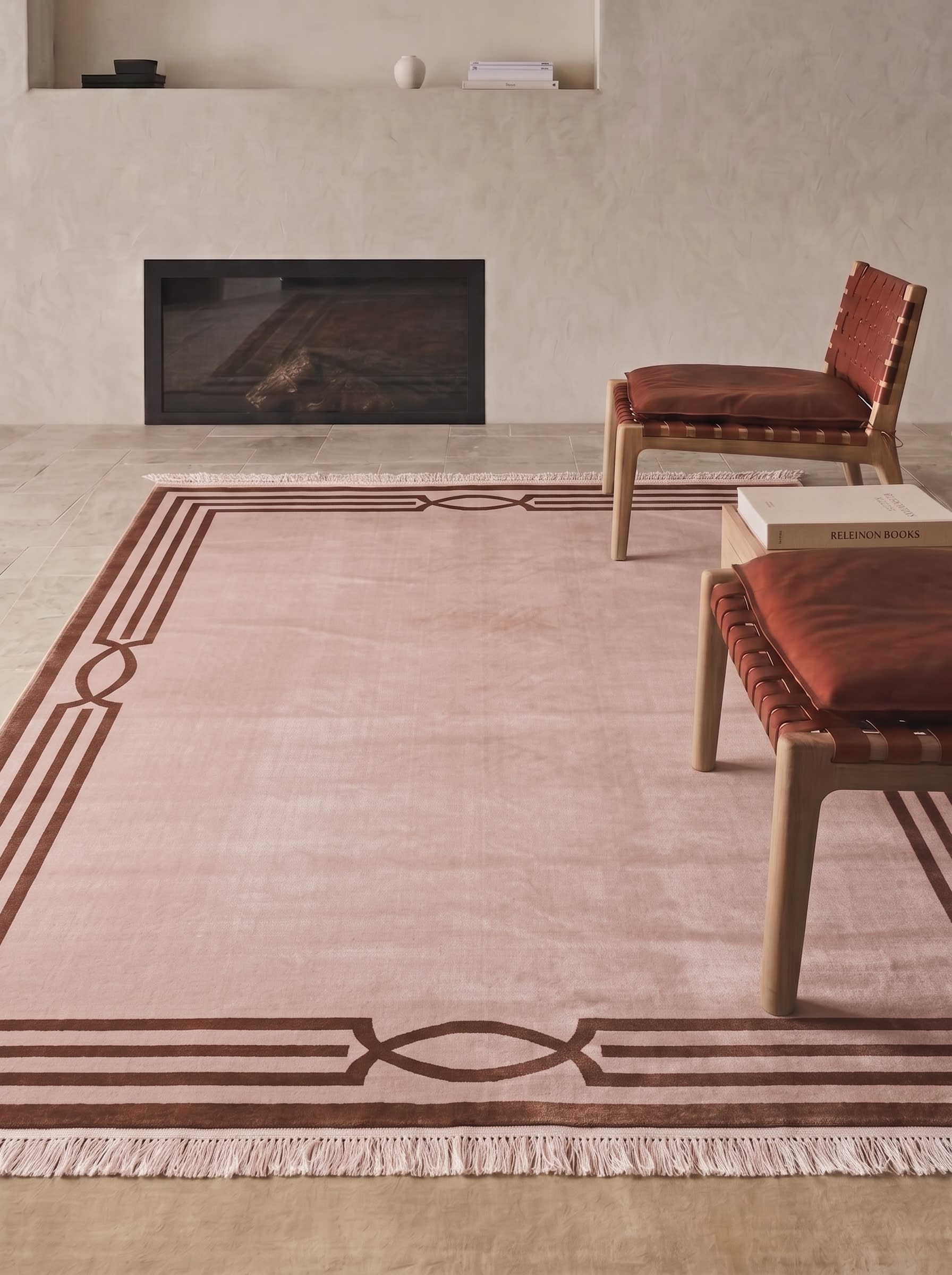 Contemporary Border Blush Minimalist, Contemporary European/International Design, likely Belgium or Turkey (machine-made export market) modern rug, in blush rose, Viscose, 201x296 cm, Nasim Carpets Malaysia — view 2