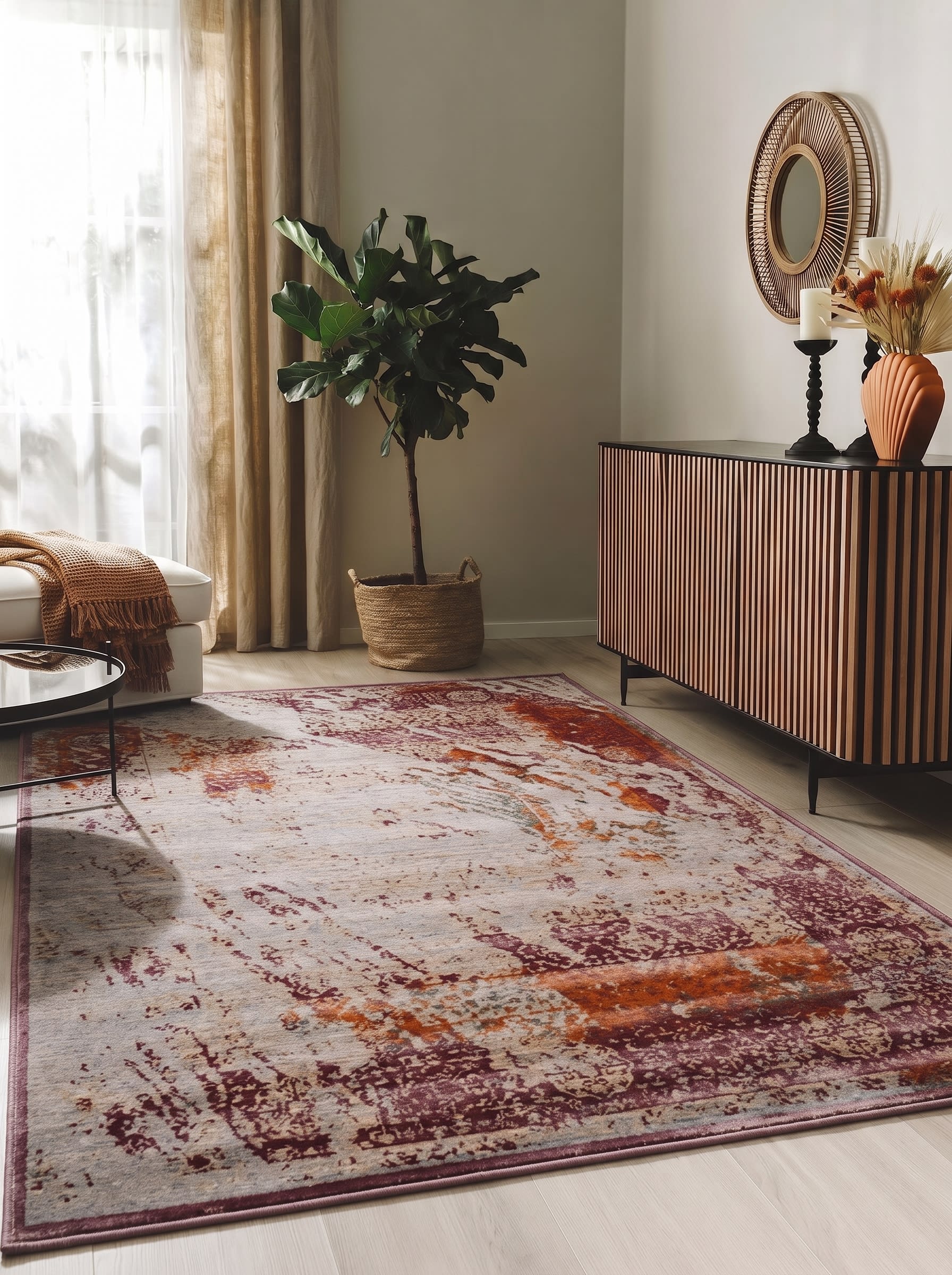 Contemporary Distressed Abstract Plum Rust, European/Belgian Contemporary Design — inspired by deconstructed Persian classical traditions modern rug, in silvered slate, Wool, 162x241 cm, Nasim Carpets Malaysia — view 2