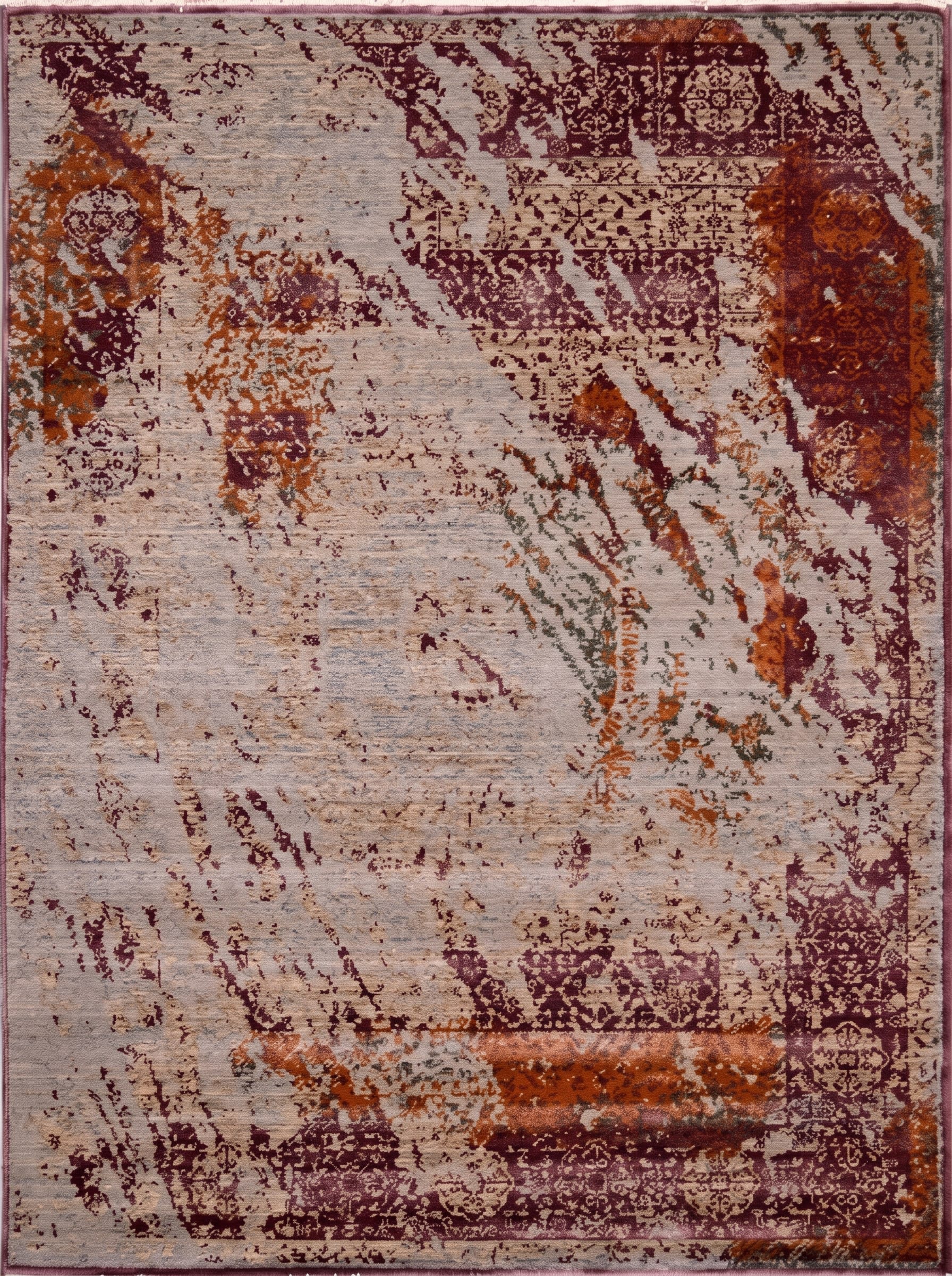 Contemporary Distressed Abstract Plum Rust, European/Belgian Contemporary Design — inspired by deconstructed Persian classical traditions modern rug, in silvered slate, Wool, 162x241 cm, Nasim Carpets Malaysia — view 3