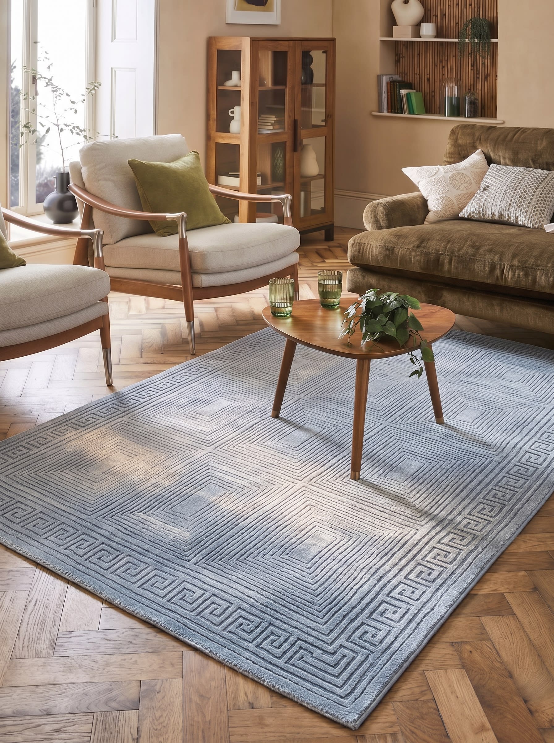 Contemporary Geometric Grid Silver Blue, Belgium / Turkey (Western European machine-made contemporary production) modern rug, in silver blue, Wool, 152x213 cm, Nasim Carpets Malaysia — view 2