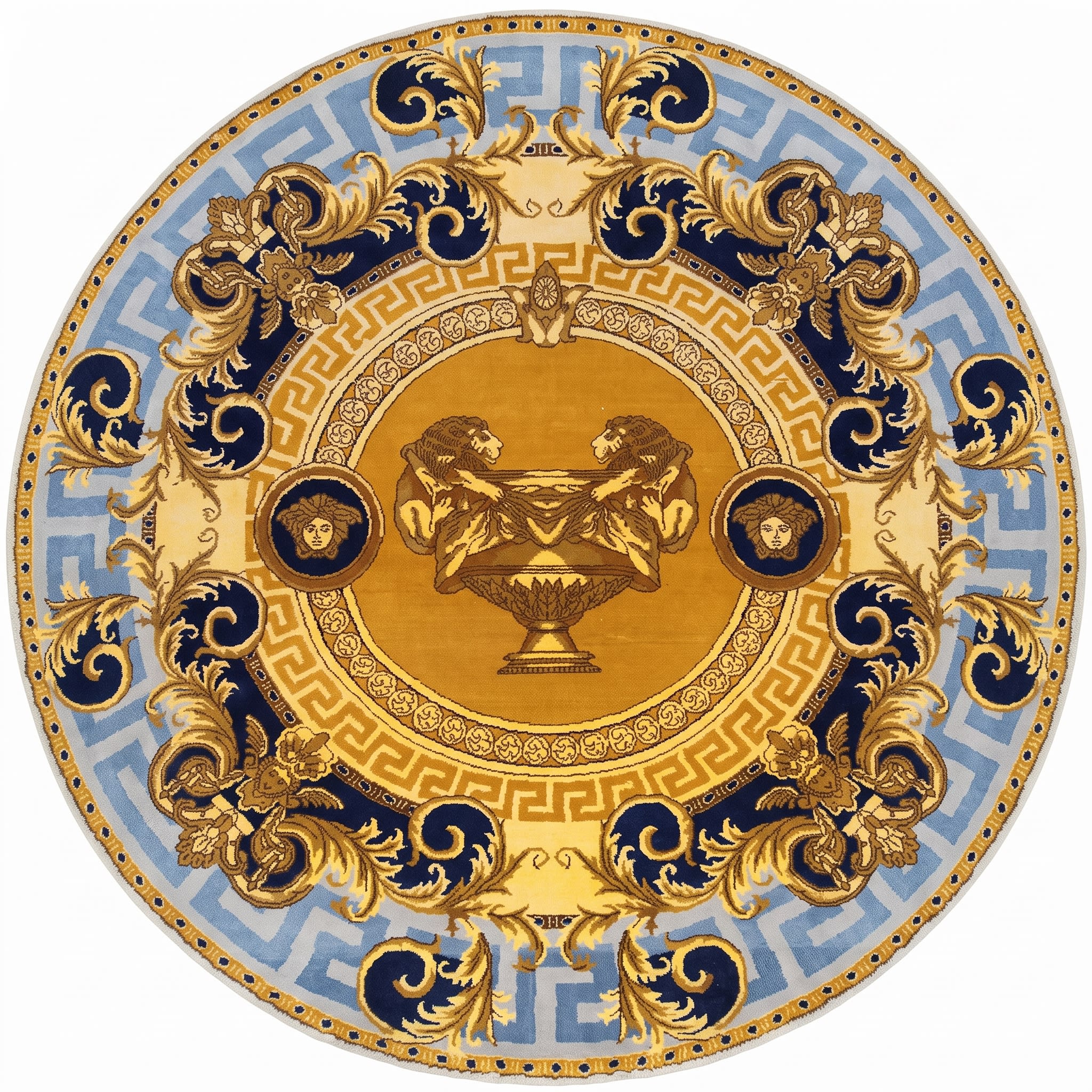 European Neoclassical Medallion Gold Blue, Contemporary European-inspired design, manufactured in India modern rug, in antique gold, Wool, 213x305 cm, Nasim Carpets Malaysia — view 1