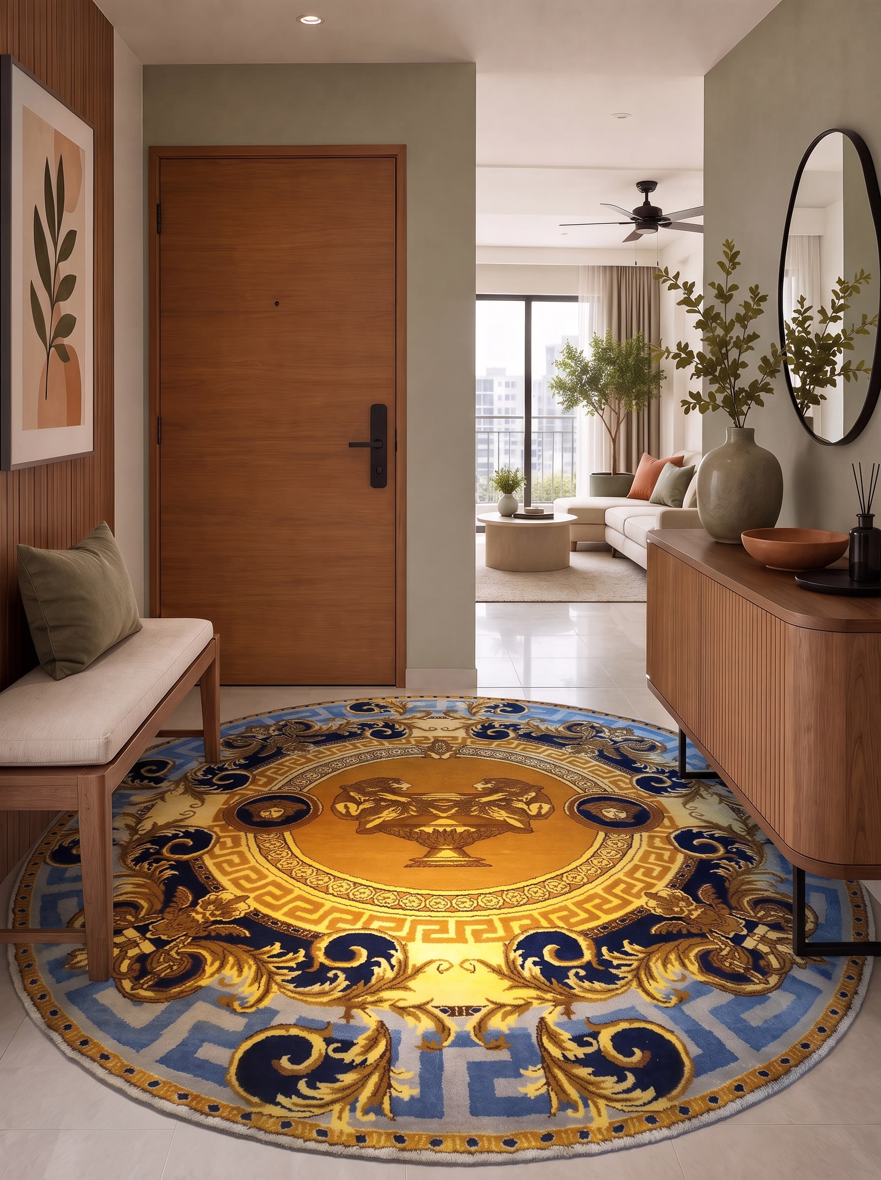 European Neoclassical Medallion Gold Blue, Contemporary European-inspired design, manufactured in India modern rug, in antique gold, Wool, 213x305 cm, Nasim Carpets Malaysia — view 2
