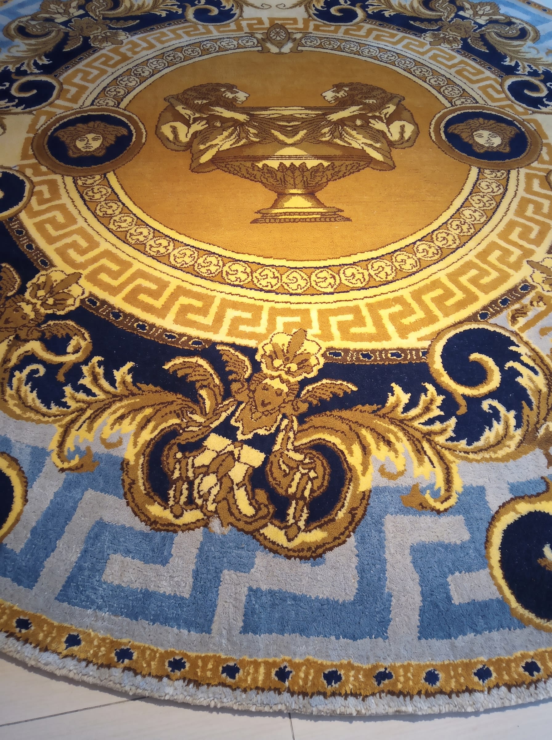 European Neoclassical Medallion Gold Blue, Contemporary European-inspired design, manufactured in India modern rug, in antique gold, Wool, 213x305 cm, Nasim Carpets Malaysia — view 3