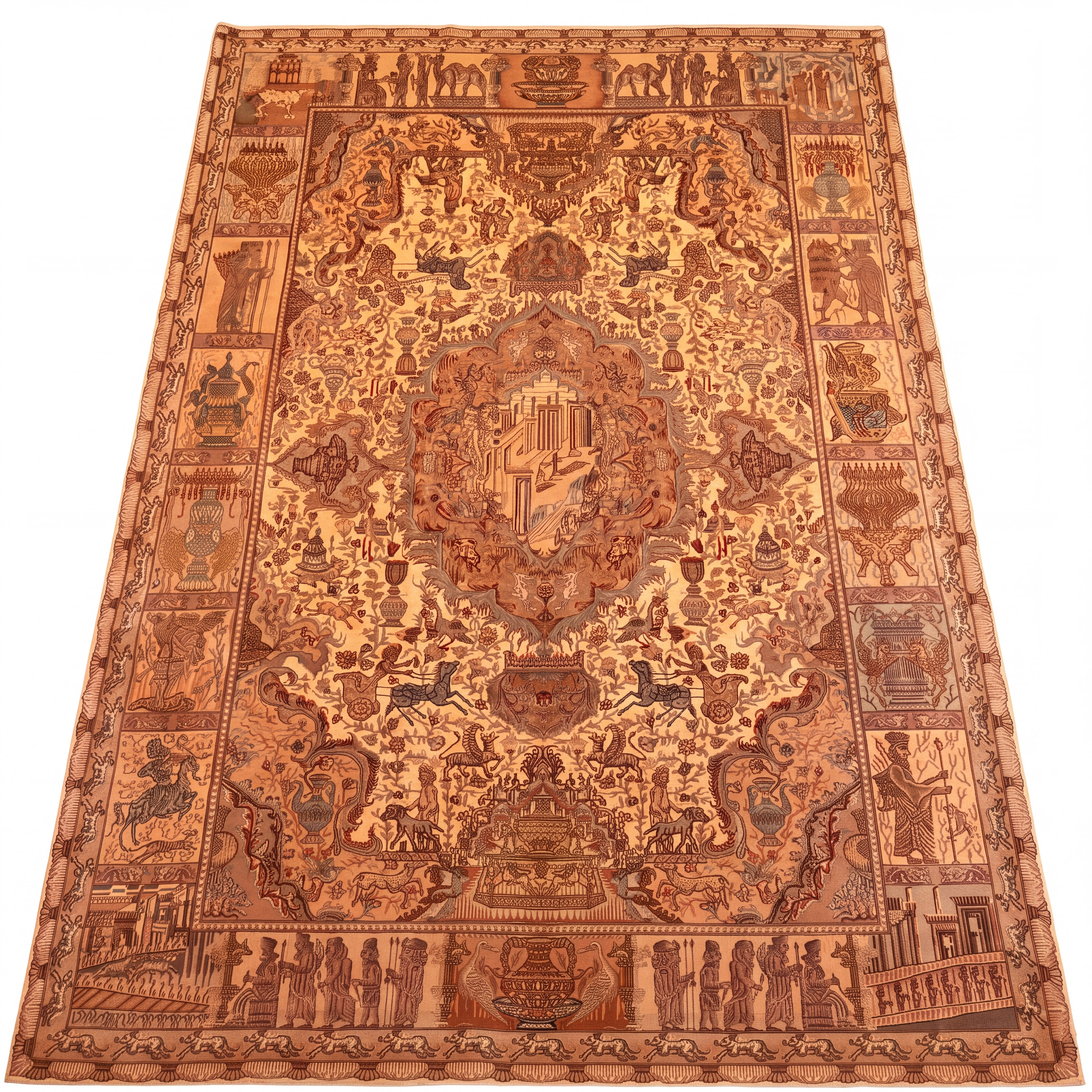 Qum Pictorial Persepolis Ivory, Qum, Iran persian rug, in antique ivory, Pure Silk, 213x305 cm, Nasim Carpets Malaysia — view 1