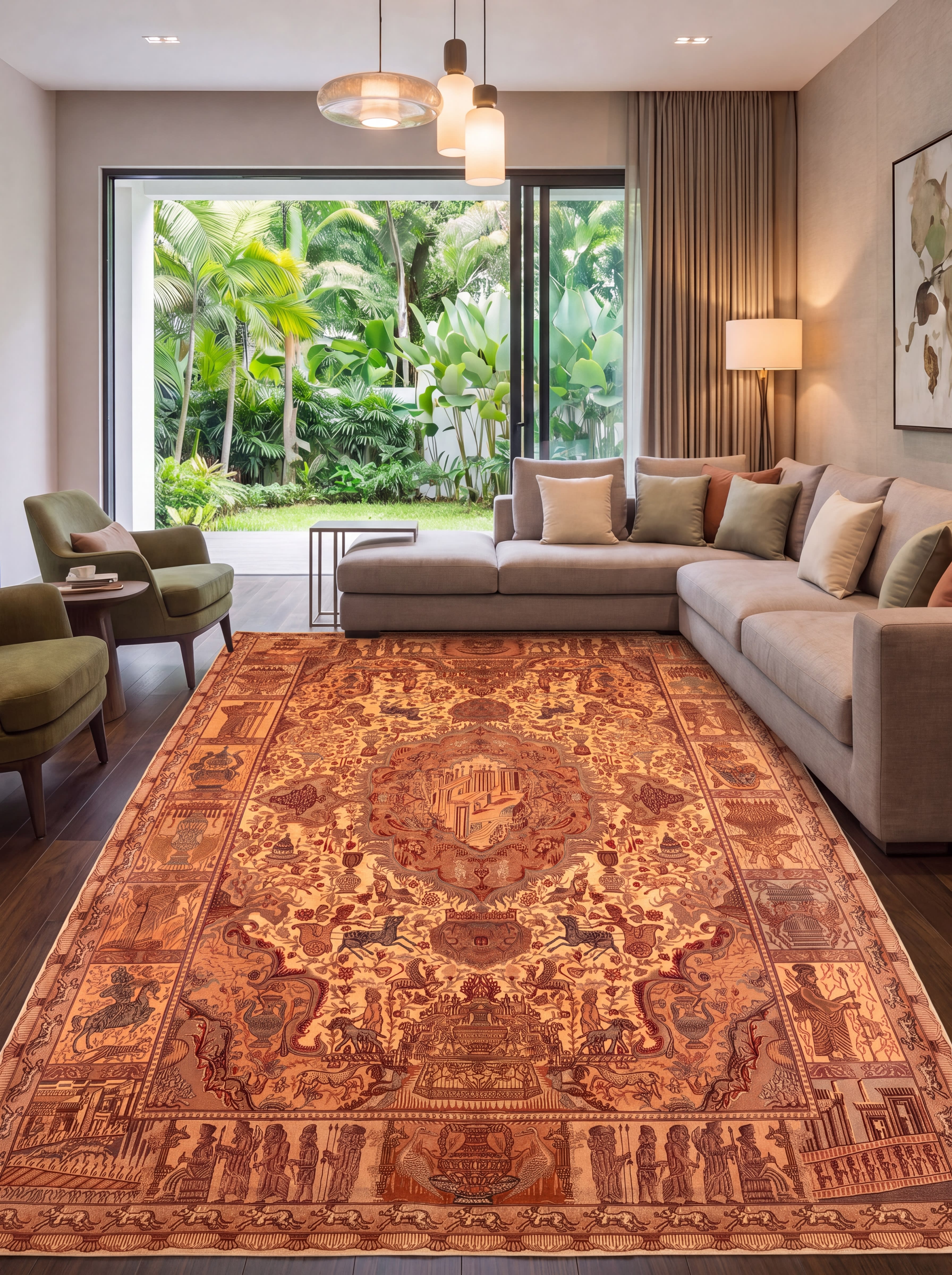 Qum Pictorial Persepolis Ivory, Qum, Iran persian rug, in antique ivory, Pure Silk, 213x305 cm, Nasim Carpets Malaysia — view 2