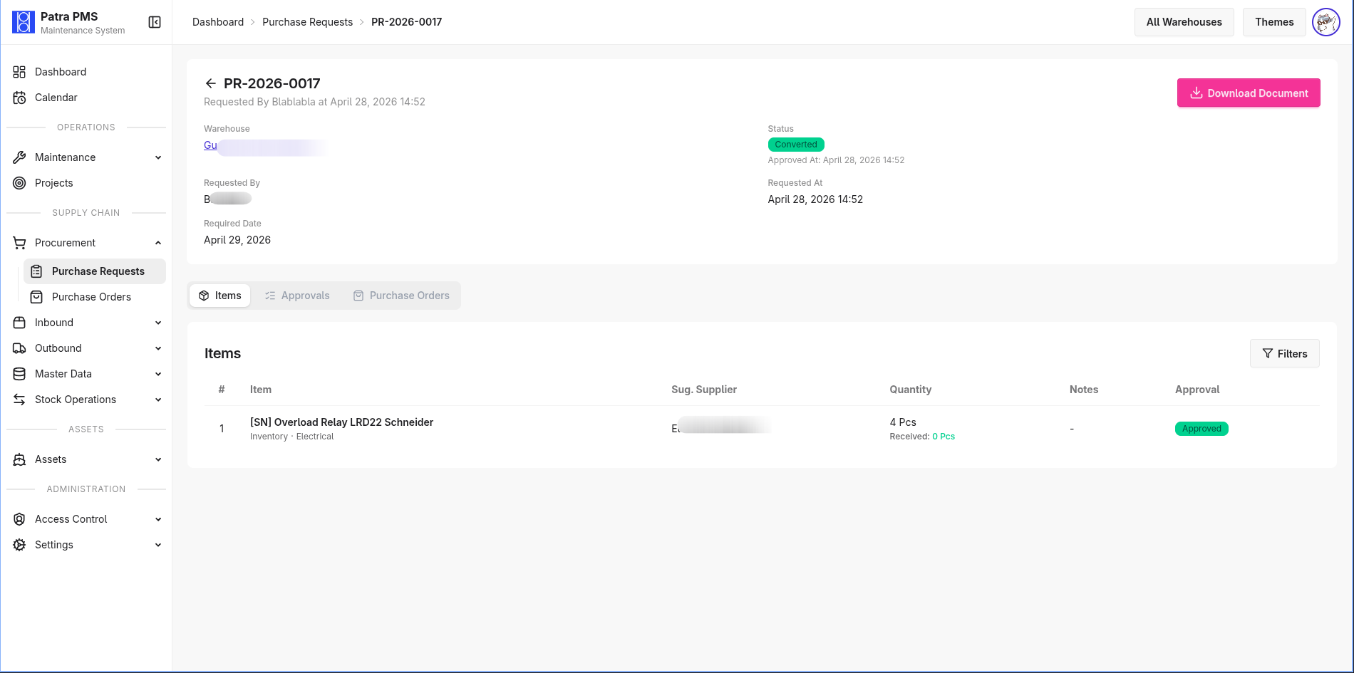 PR creation and approval flow Purchase Requests