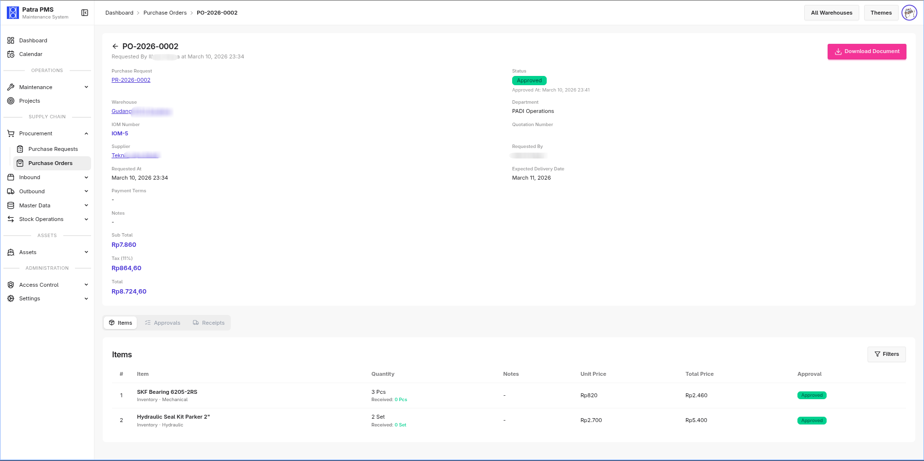 Supplier orders and delivery tracking Purchase Orders