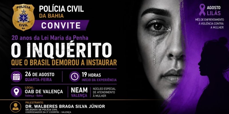 Evento em Valença vai marcar os 20 anos da Lei Maria da Penha; participação será gratuita