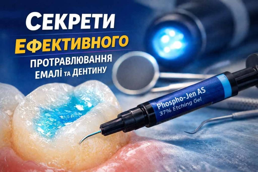 Лікар стоматолог наносить синій травильний гель 37% ортофосфорної кислоти на емаль для селективного протравлювання c