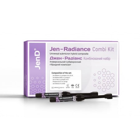 Jen-Radiance 7x Combi Kit (Джен-Радіанс), Н-р: 4 х шпр.4г (A1, A2, A2O, A3) (+Jen-Radiance Molar(шпр.4г:U)+Jen-LC Flow (2х шпр.3г:A2, A3)+Jen-Unibond(флак.6мл)+Phospho-Jen AS(шпр.5мл)) - Реставраційний композит, субмікронний (Джендентал-Україна)