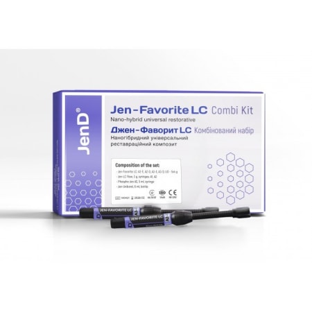 Jen-Favorite Combi SE Kit (Джен-Фаворіт LC), Н-р: 5 х шпр.4г (A1E, A2E, A3E, A2D, I) (+Jen-LC-Flow(3х шпр.3г:A1,A2,A3)+Jen-Unibond SE(флак.6мл)) - Реставраційний композит, наногібридний (Джендентал-Україна)