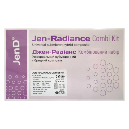 Jen-Radiance 8x Combi Kit (Джен-Радіанс), Н-р: 4 х шпр.4г (A1, A2, A3, A3.5) (+Jen-Radiance Molar(шпр.4г:U)+Jen-LC-Flow (3х шпр.3г:2хA2,A3)+Jen-Unibond(шпр.5г)) - Реставраційний композит, субмікронний (Джендентал-Україна)