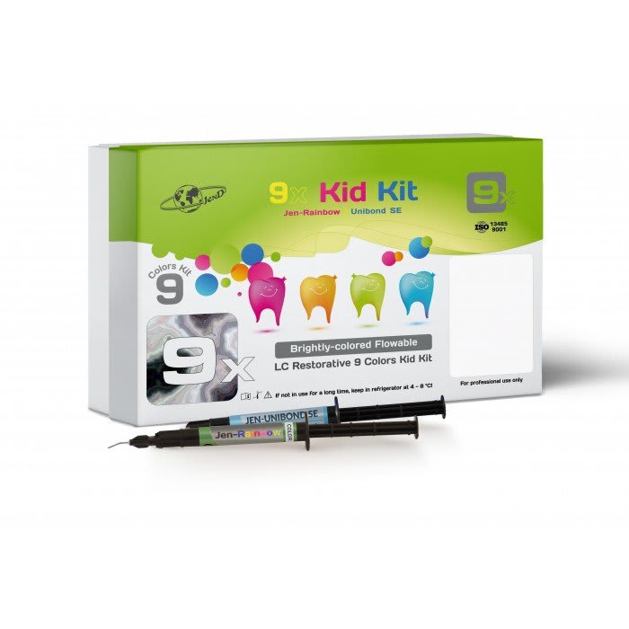 Jen-Rainbow Kid Kit (Джен-Рейнбоу), Н-р: 9 х шпр.1мл (Green-Fluo, Orange-Fluo, Lime-Fluo, Purple-Fluo, Green-Pearl, Pink-Pearl, Blue-Pearl, Golden-Pearl; Clear-Red) (+Jen-Unibond SE - 3мл) - Кольоровий композит, мікрогібридний текучий (Джендентал-Україна)
