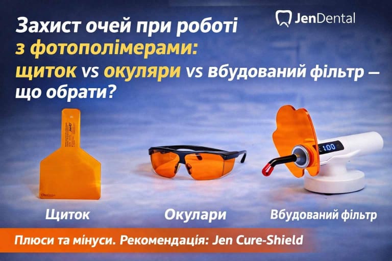 Помаранчевий щиток jen cure shield на нейтральному фоні ілюстрація до статті про вибір захисту очей при роботі з фотополімерами