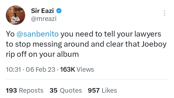 Mr Eazi First tweet