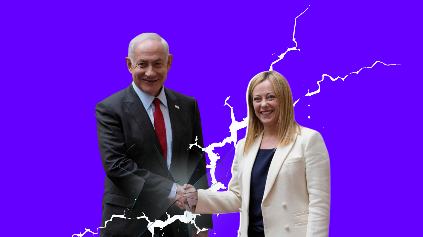 Prime Minister Meloni shaking the hand of Prime Minister Netanyahu with a crack crossing through the image. 