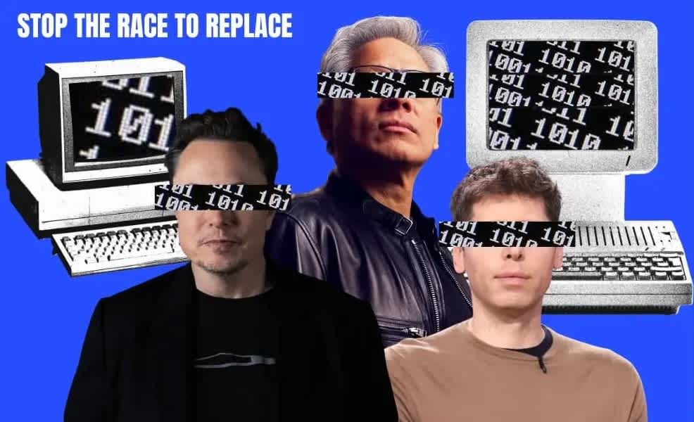 Tech billionaires with binary code over their eyes, surrounded by computers.