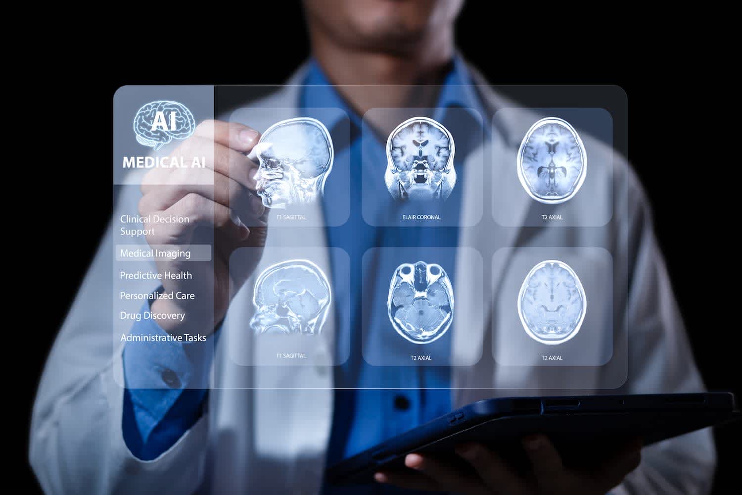 Doctor using AI to examine a scan of a human brain.