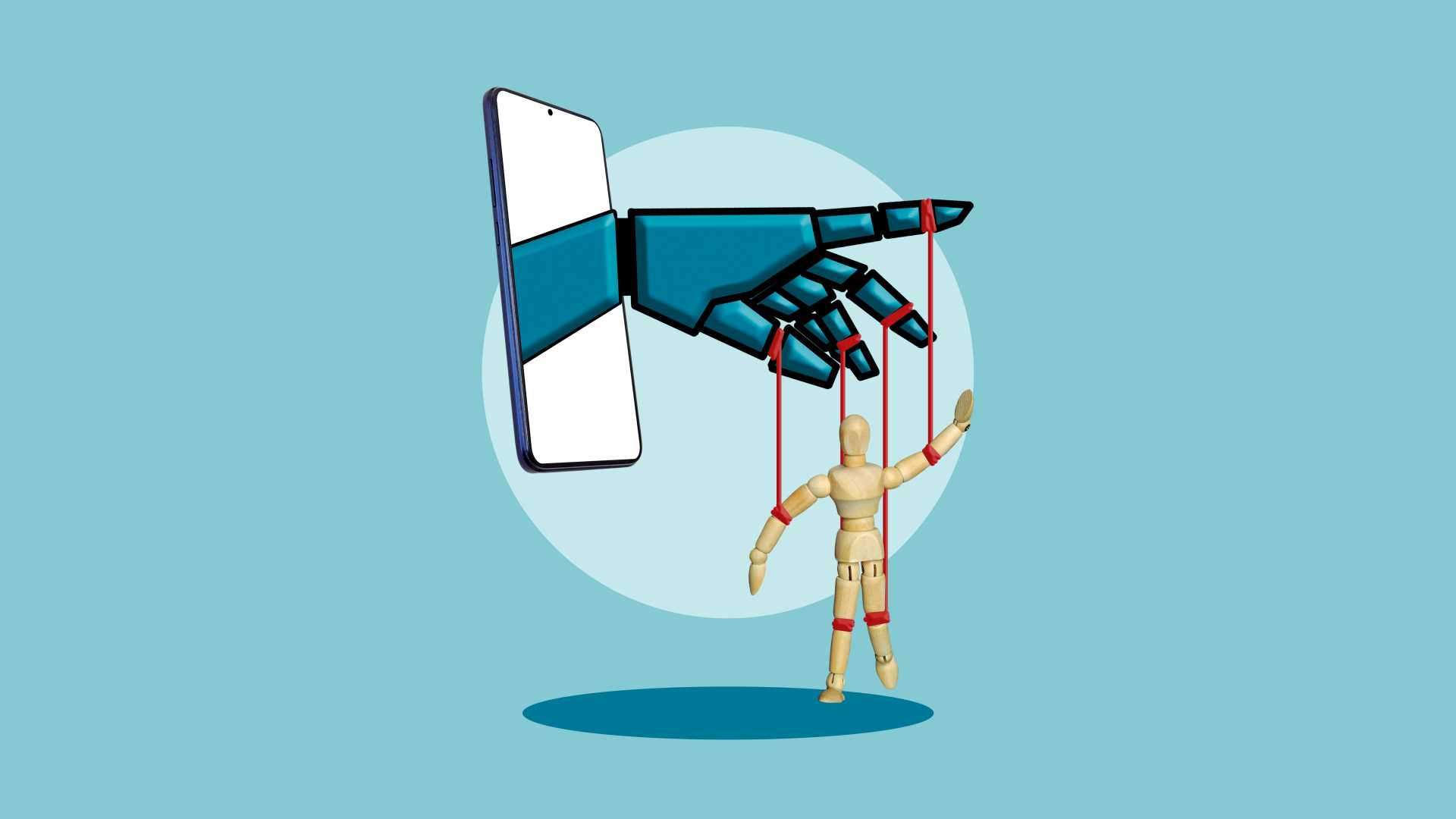 A graphic of a hand coming out of a mobile screen. The hand is controlling a string puppet. 