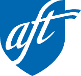 A blue shield with white cursive letters reading aft