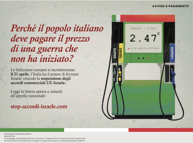A newspaper advertisement featuring a petrol pump displaying a price of €2.47 per litre against a light background. The headline reads in Italian: "Perché il popolo italiano deve pagare il prezzo di una guerra che non ha iniziato?" 