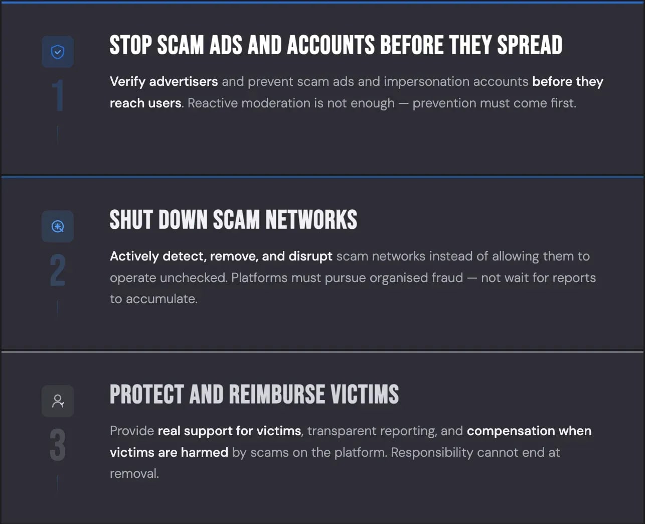 Stop platform scams key demands to meta