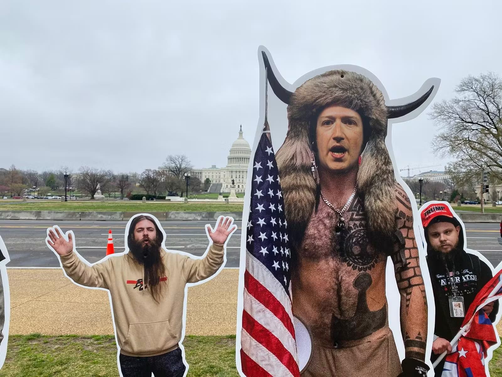Zuckerberg's face superimposed on the Q-Anon Shaman who invaded the Capitol on January 6th, 2021