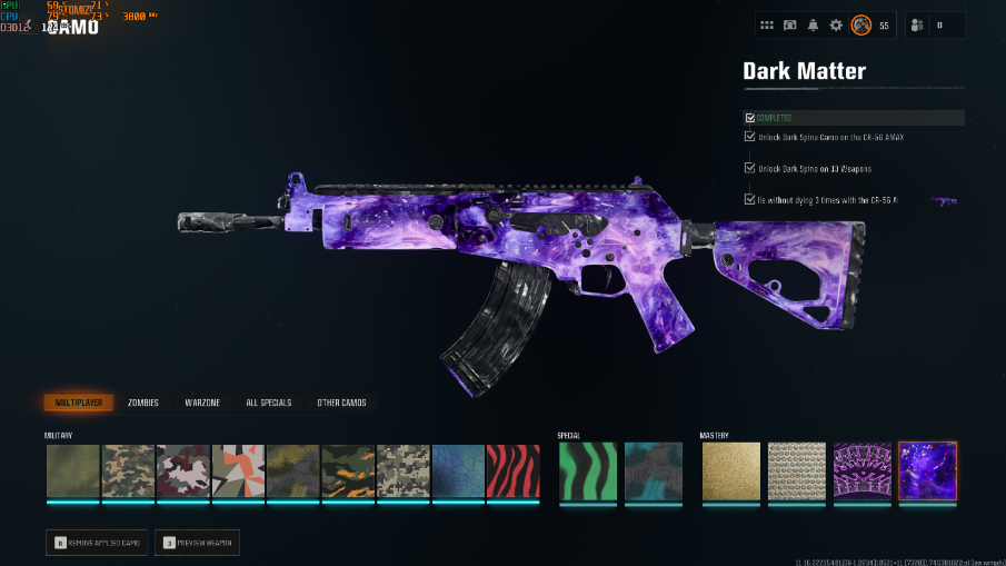 🔥 Bo6/WZ 🚀🌌Dark Matter🔥500+ Camos💠🥇Prestige 1✨🎯Level 55💼Stacked💣XBOX / LEVEL 55 – BO6/WZ DARK_ MATTER_ ✔️BO6/WZ _STACKED 33 _Dark _Matter / Watter Camo