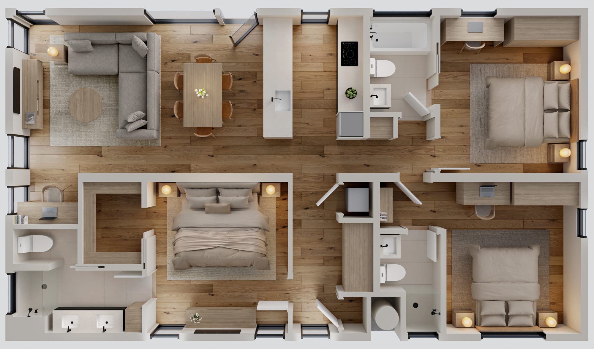 Abodu Two 3D floor plan: top-down furnished view (representative render)