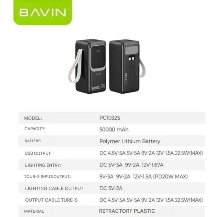Power Bank 50000mAh – Batterie Externe Rapide 22.5W Avec Câbles Intégrés, Écran LED Et Lampe Torche BAVIN PC1032S thumbnail 6
