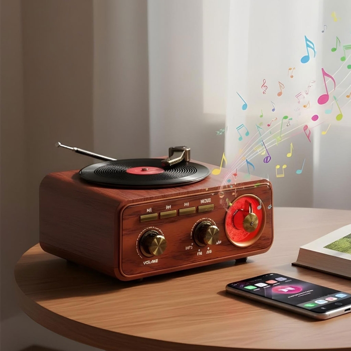 Radio Rétro Bluetooth MD-1317BT – Design Phonographe Vintage, FM-AM-SW, USB, MicroSD Et AUX thumbnail 12