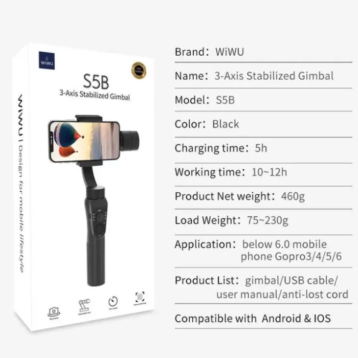 WiWU S5B Stabilisateur Téléphone 3 Axes Pour Smartphone Et GoPro – Vidéos Fluides, Suivi Intelligent, Batterie Longue Durée thumbnail 7